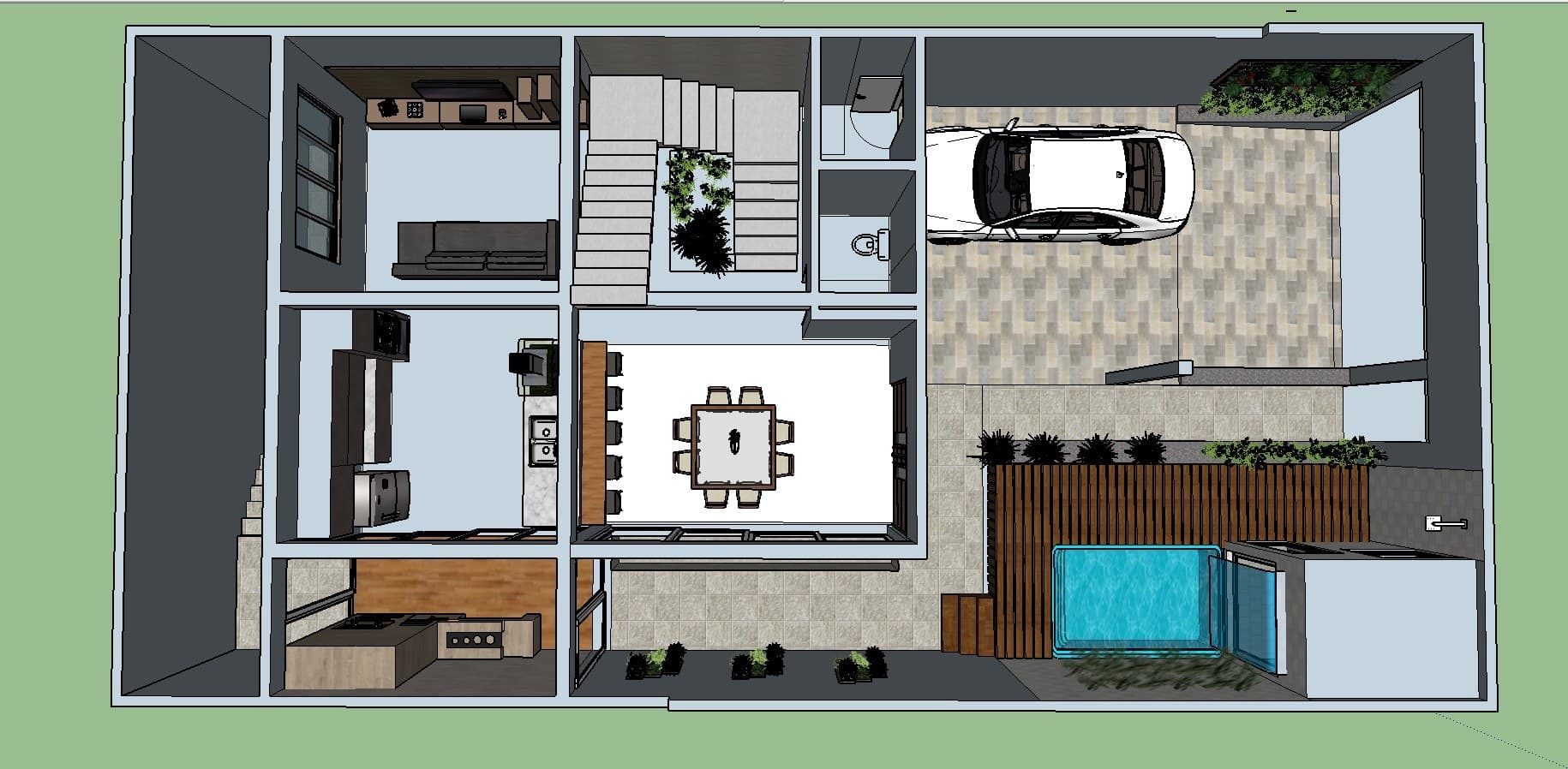 Volta Redonda Residence — Ground floor layout with pool terrace, viewed from above